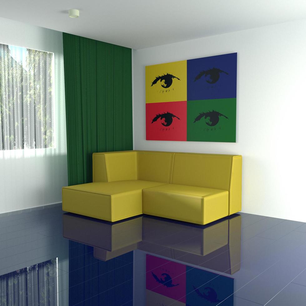 3d beeld van interieur van de kamer in helder kleuren met een afbeelding in de stijl van knal kunst foto