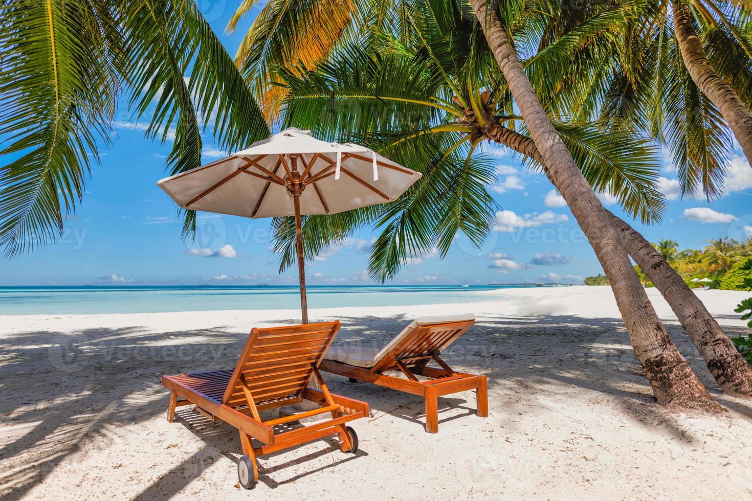 tropisch strand natuur net zo zomer landschap met paar stoelen, bedden onder palm bomen, kalmte zee lucht voor strand. luxe reizen landschap, mooi huwelijksreis bestemming voor vakantie vakantie. strand kust foto