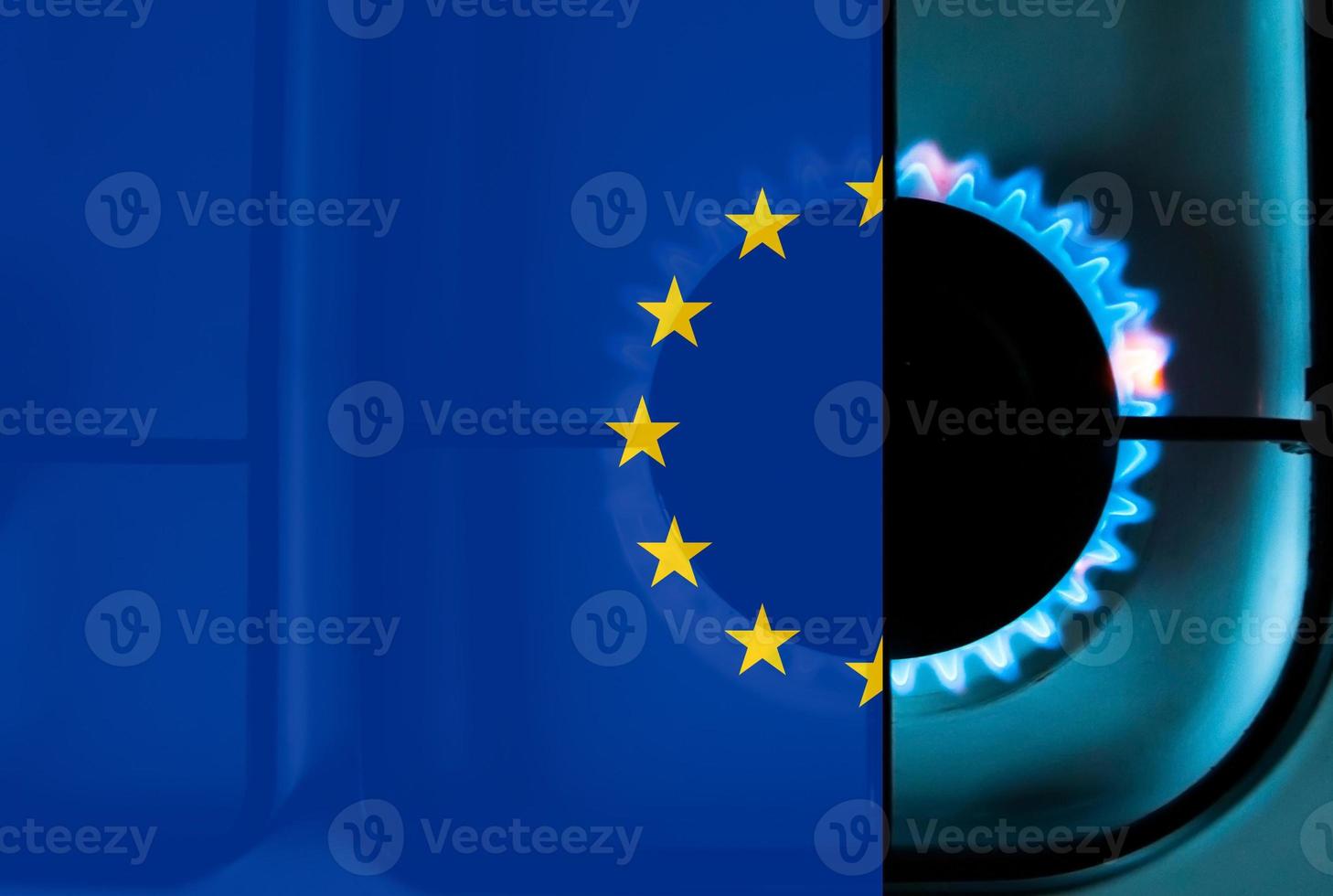 Europese unie en gas- crisis - EU vlag over- een gas- fornuis foto