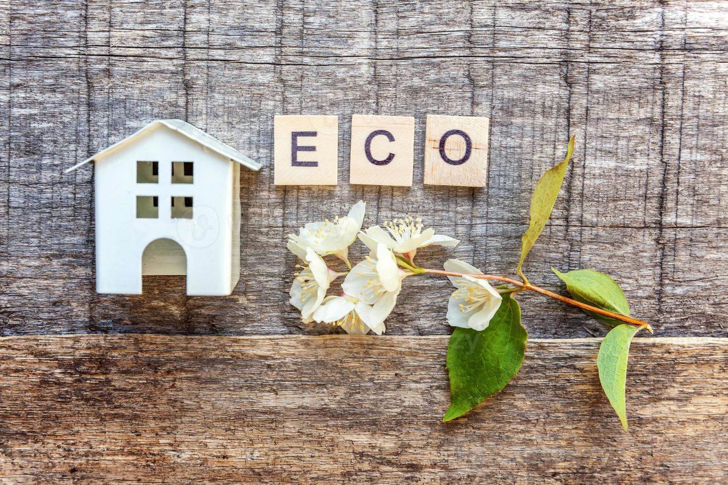 miniatuur speelgoed model huis met inscriptie eco letters woord op houten achtergrond foto
