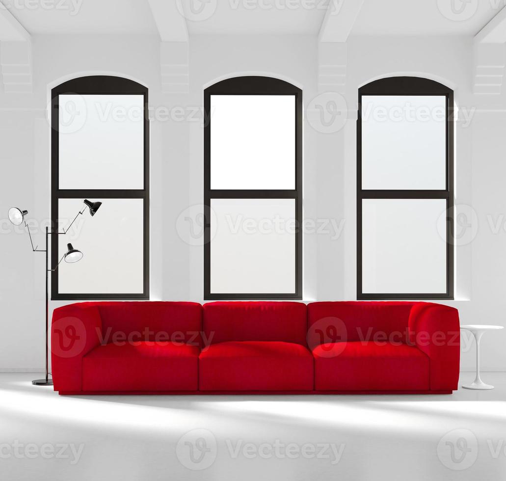 witte kamer met een rode bank foto