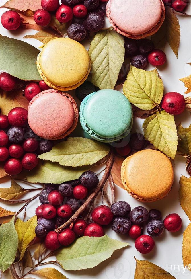 herfst samenstelling. backdrop gemaakt van herfst bessen, herfst bessen, macarons. herfst, vallen concept. vlak leggen, top visie foto