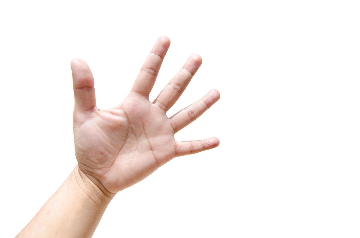 palm hand- gebaar Aan links hand- voor concept van rots papier schaar spel geïsoleerd Aan wit achtergrond. foto