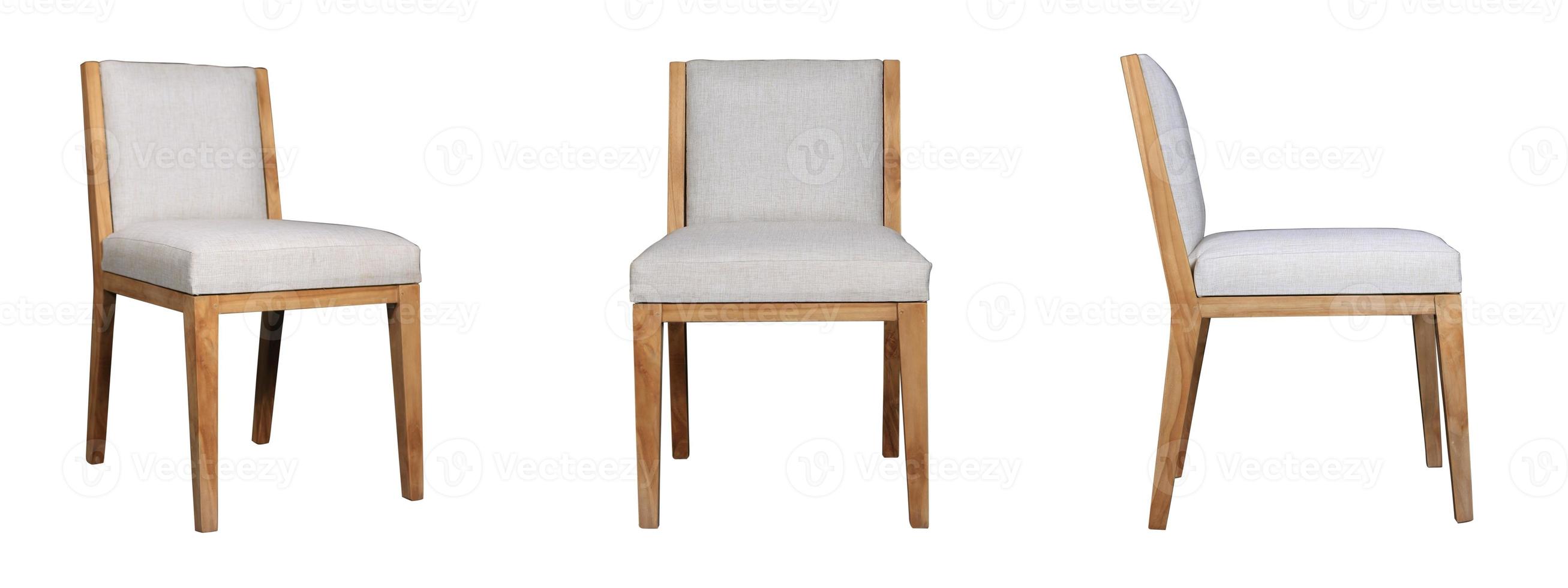 uniek reeks van kleding stof hout stoel Bij verschillend hoeken geïsoleerd Aan wit achtergrond. serie van meubilair foto