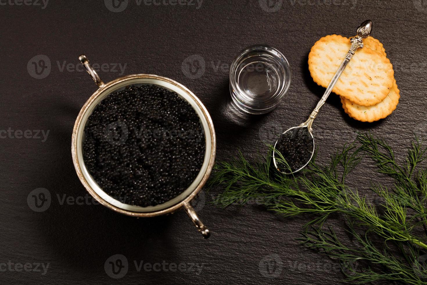 zwarte kaviaar geserveerd op crackers met wodka en additieven foto