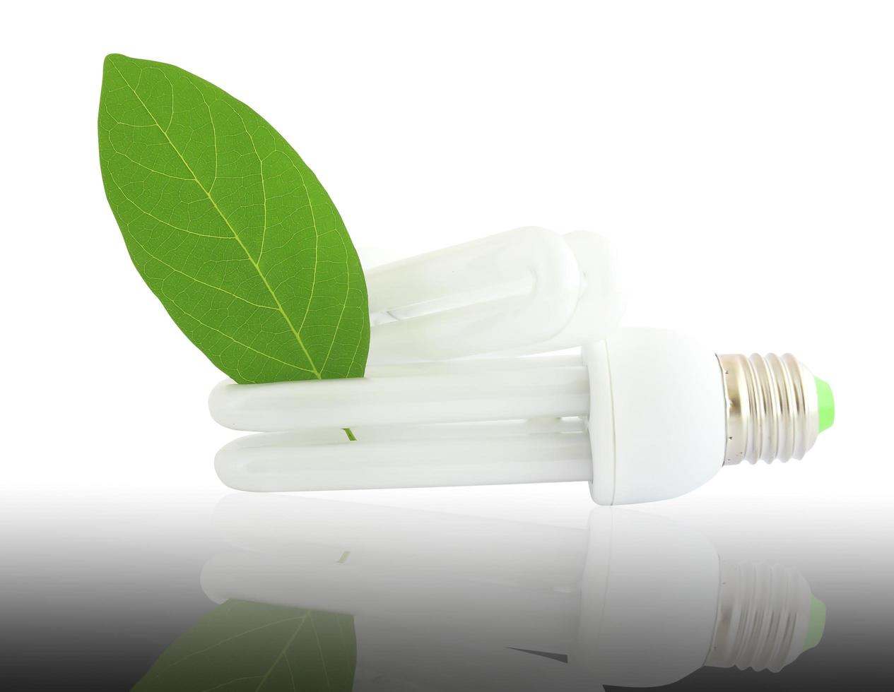 energie besparing lamp met groen blad Aan wit foto