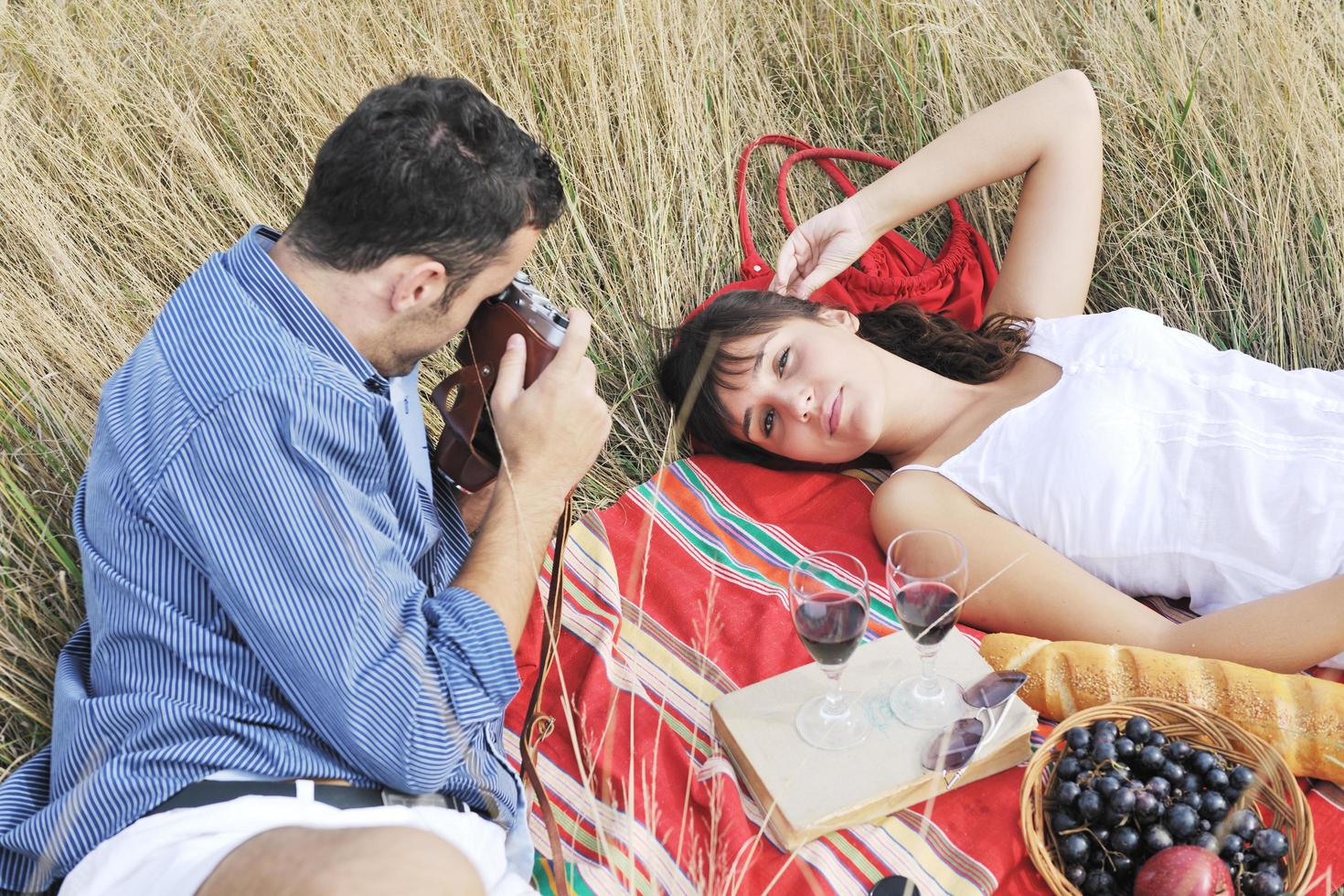 gelukkig paar genieten van platteland picknick in lang gras foto