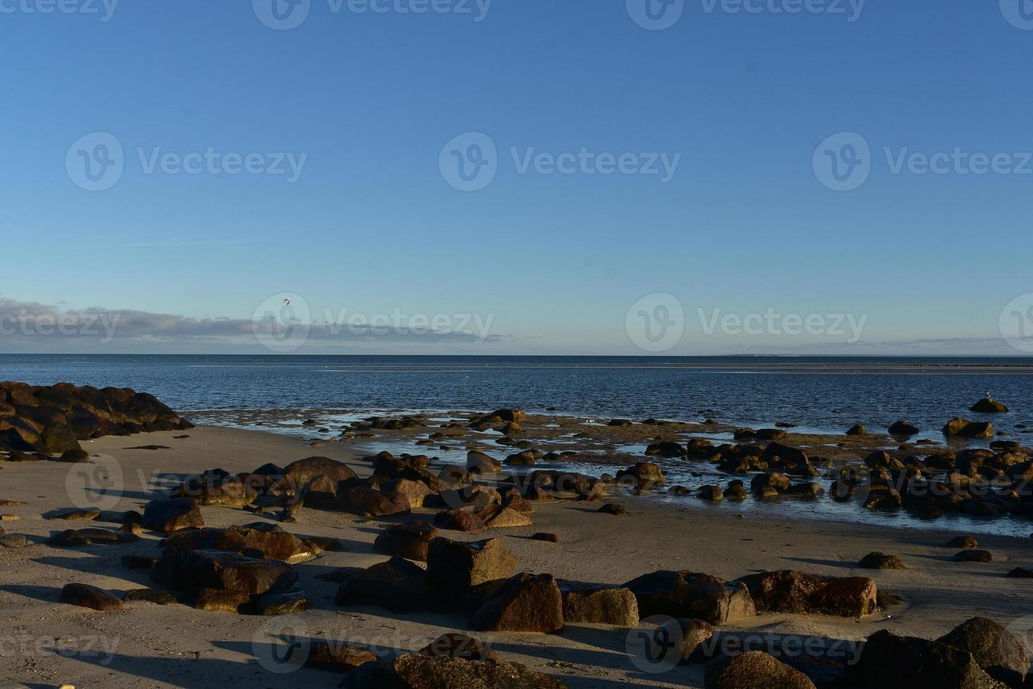 enorm Open oceaan met groot bruin rotsen Aan de kust foto