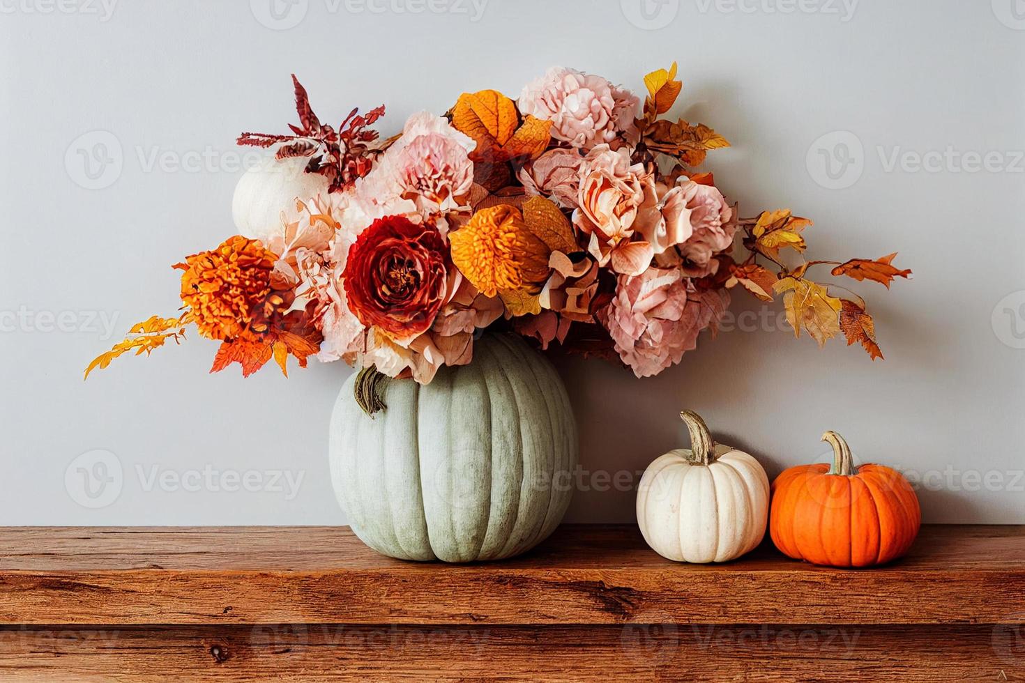 herfst decor Aan een houten tafel tegen een wit muur banier achtergrond. bloemen van vallen kleuren, pompoenen De volgende naar de vaas. 3d weergave. foto