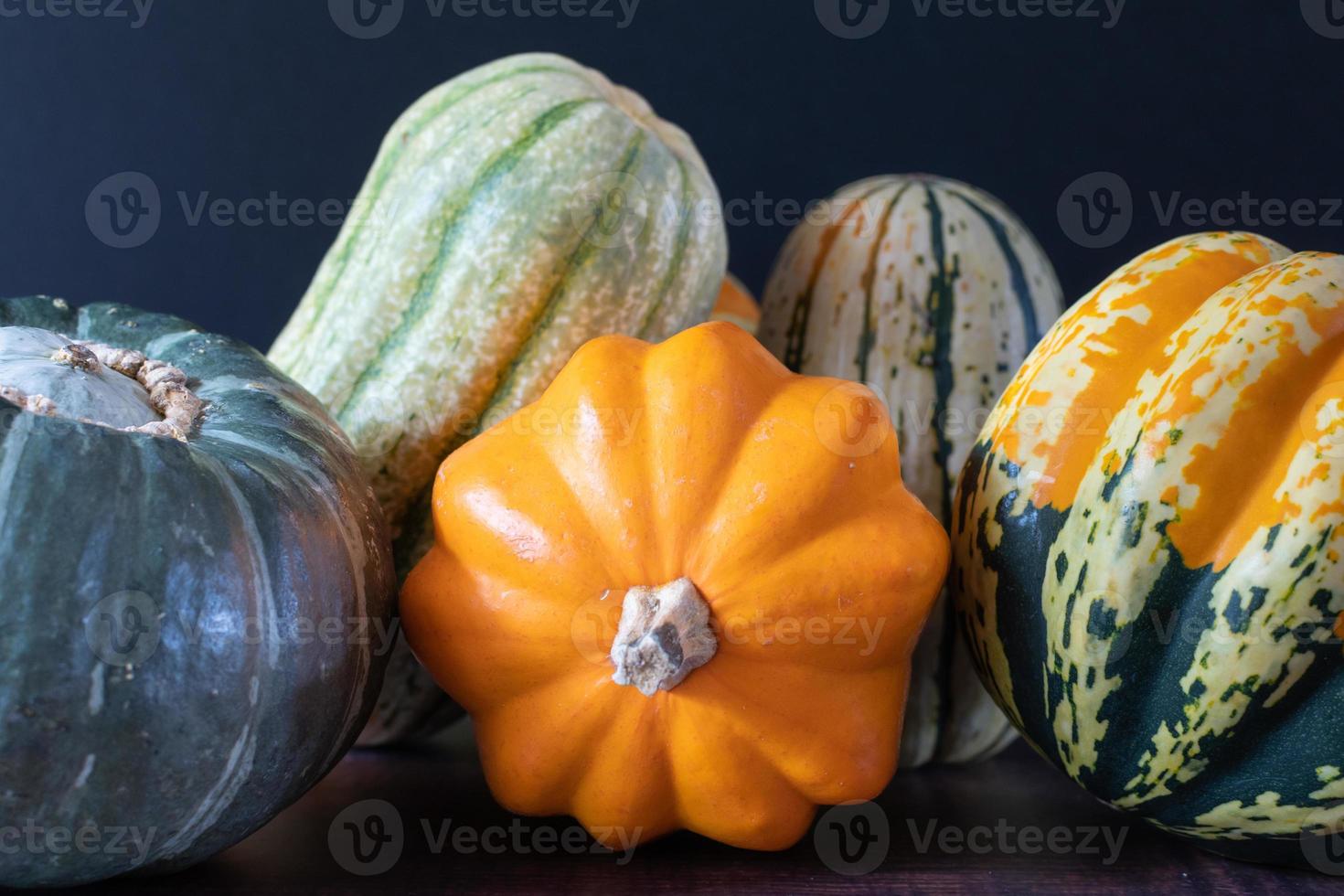 kleurrijk squash variëteiten gegroepeerd Aan de tafel. foto