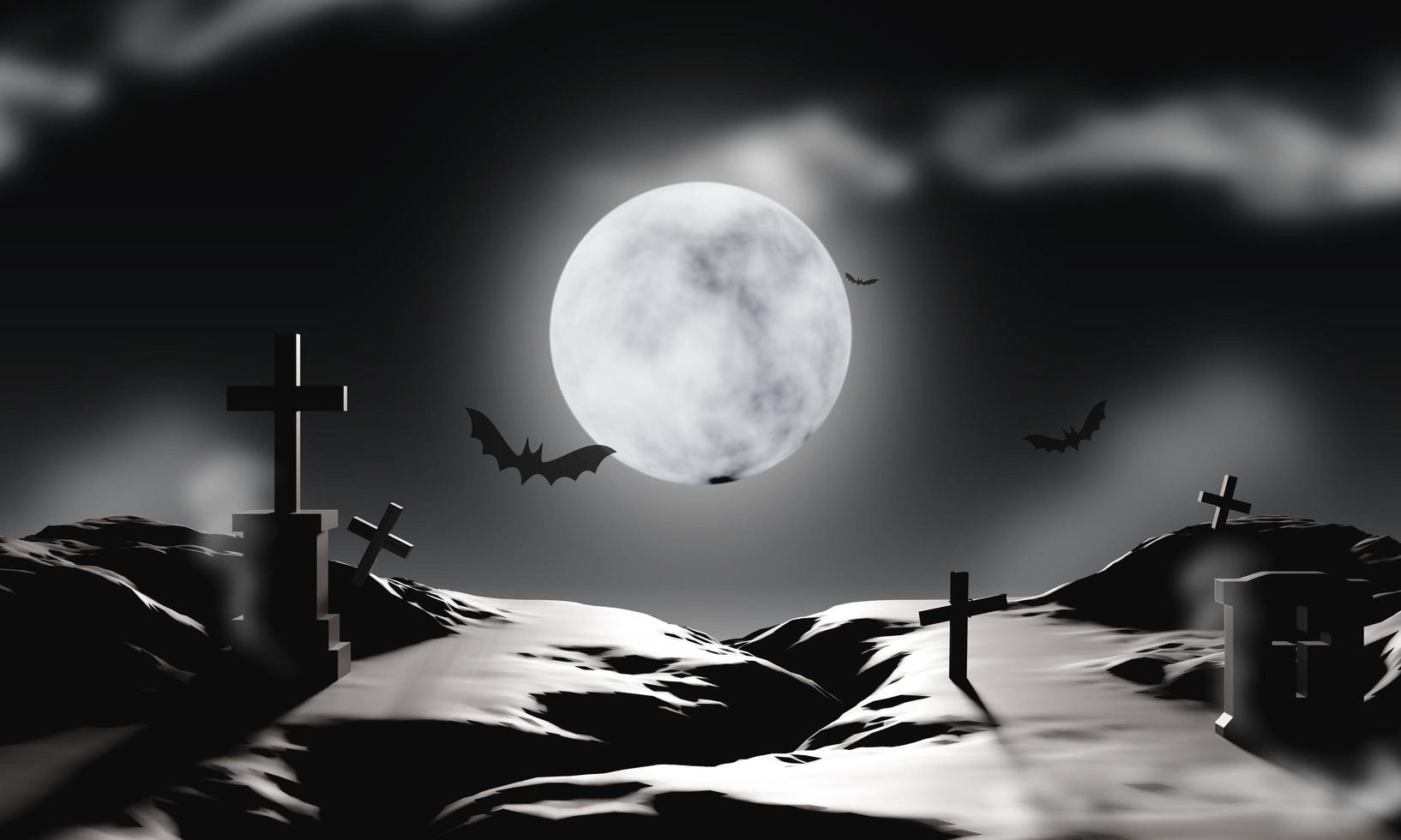 een geest begraafplaats gevulde met angst van kruisen en graven in de donker nacht. de vol maan in de graf was spookachtig eng donker. evenement halloween Aan monochroom achtergrond concept. 3d renderen illustratie. foto