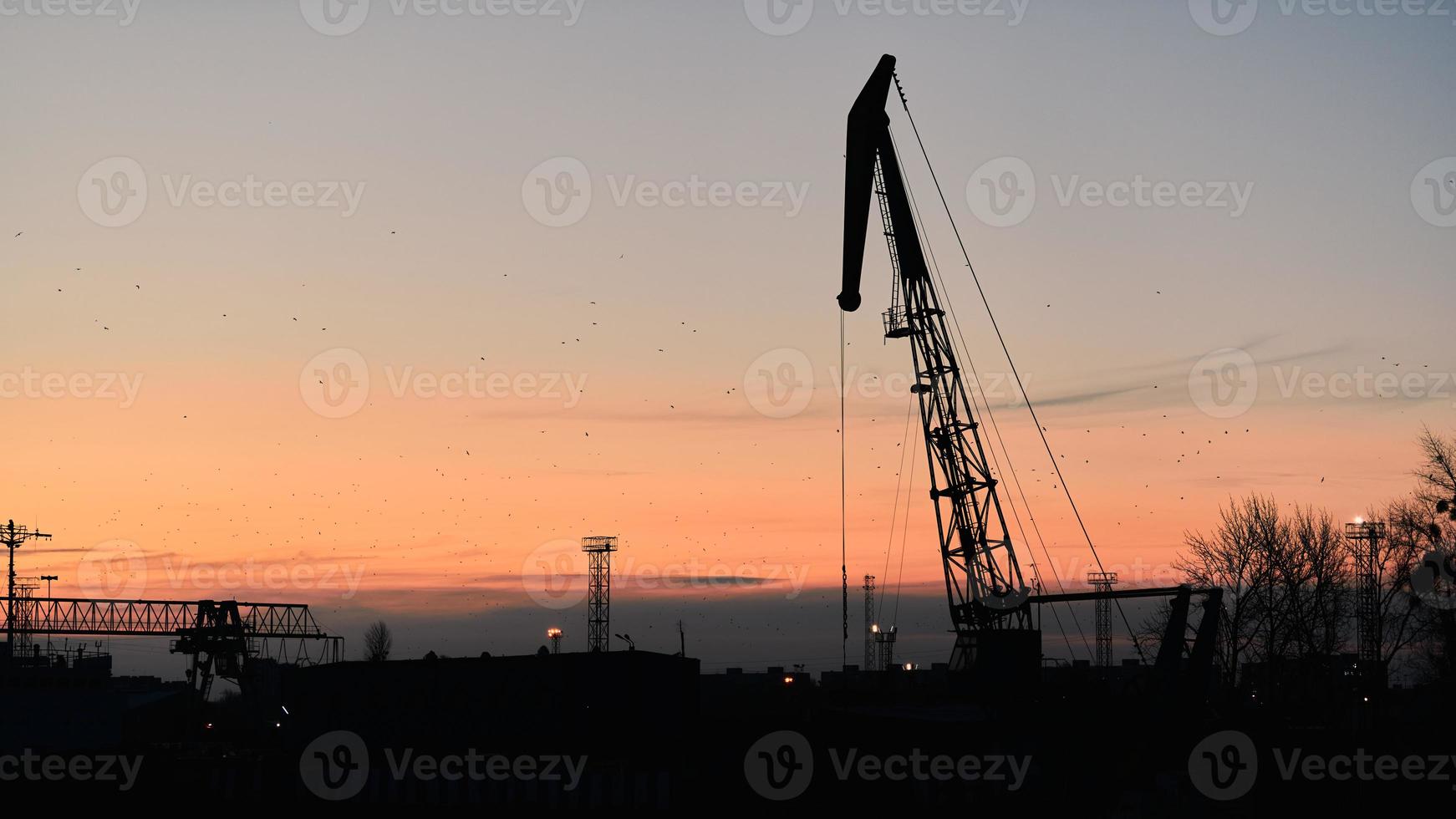 silhouet van houder kraan Aan zonsondergang achtergrond foto