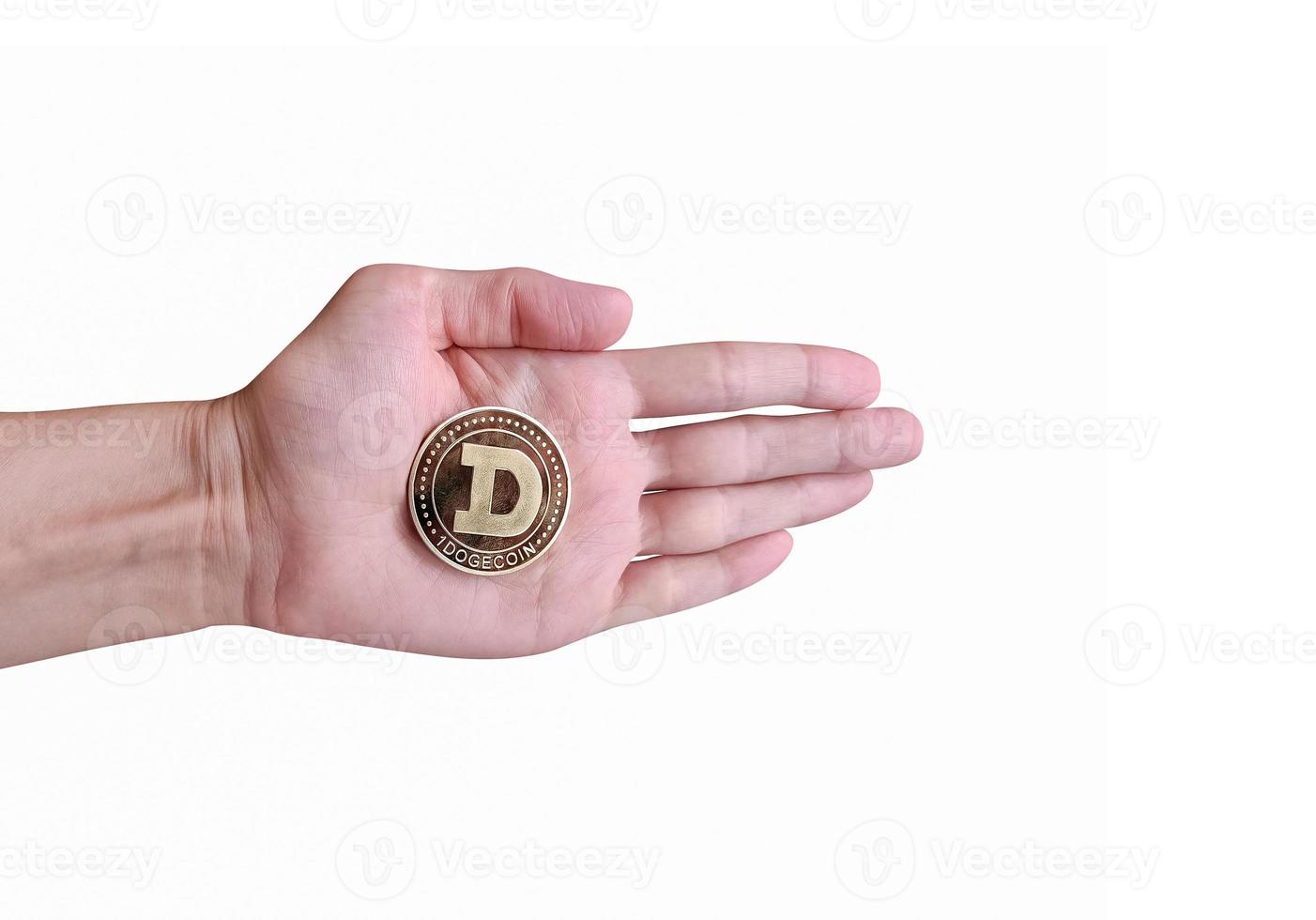 dogecoin token Aan vrouw hand- geïsoleerd Aan wit achtergrond foto