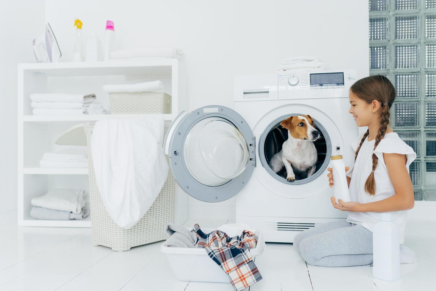 positief klein meisje heeft plezier met jack russel terrier, poseert op de vloer bij de wasmachine in de wasruimte, houdt vloeibaar poeder vast, is bezig met huishoudelijk werk, heeft een blije uitdrukking. gezellig interieur in badkamer foto