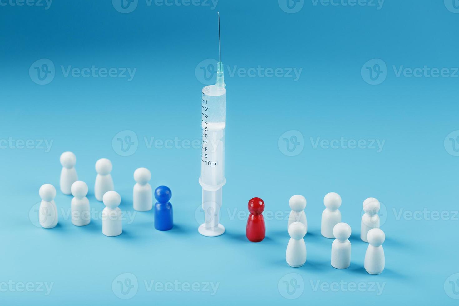 een injectiespuit met een vaccin in de centrum met een blauw en rood Mens met een menigte van blanken Aan een blauw achtergrond. foto