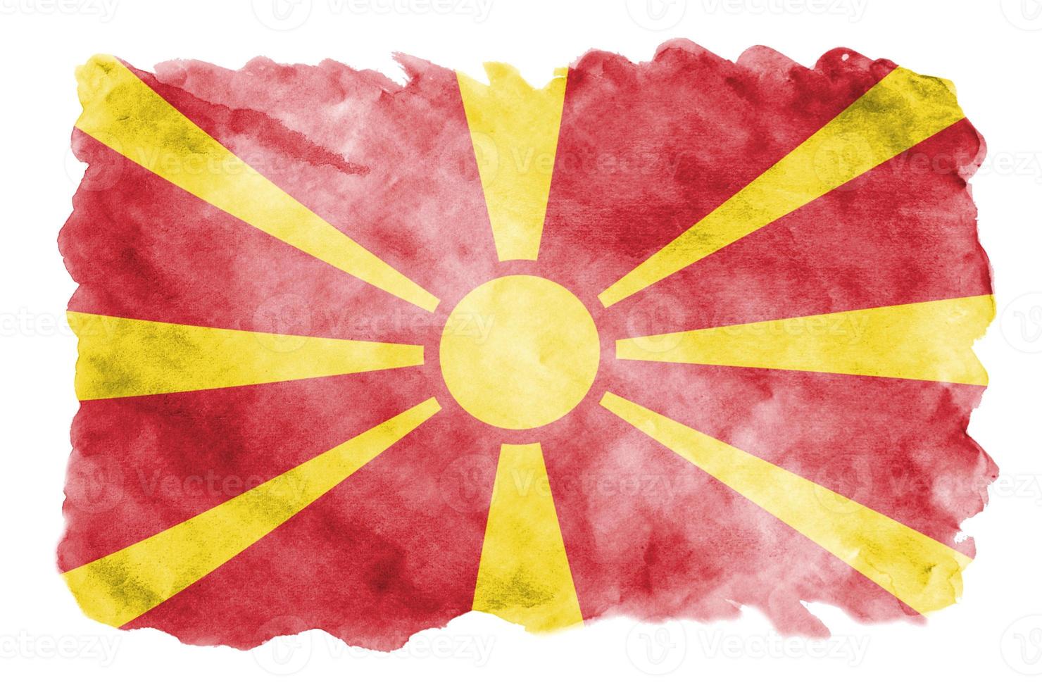 Macedonië vlag is afgebeeld in vloeistof waterverf stijl geïsoleerd Aan wit achtergrond foto