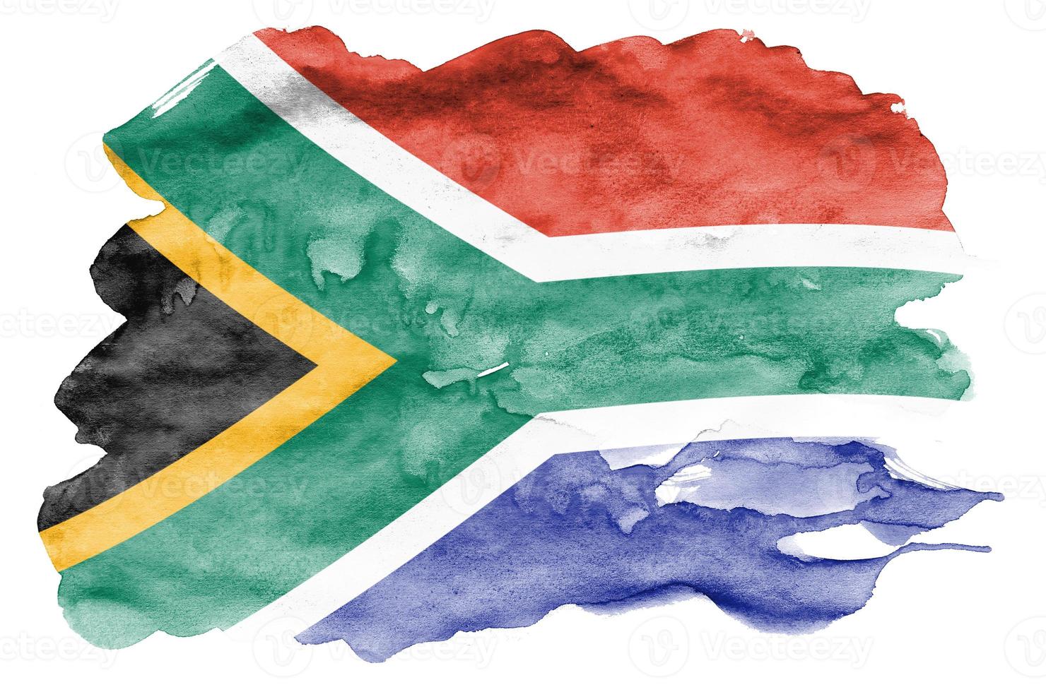 zuiden Afrika vlag is afgebeeld in vloeistof waterverf stijl geïsoleerd Aan wit achtergrond foto