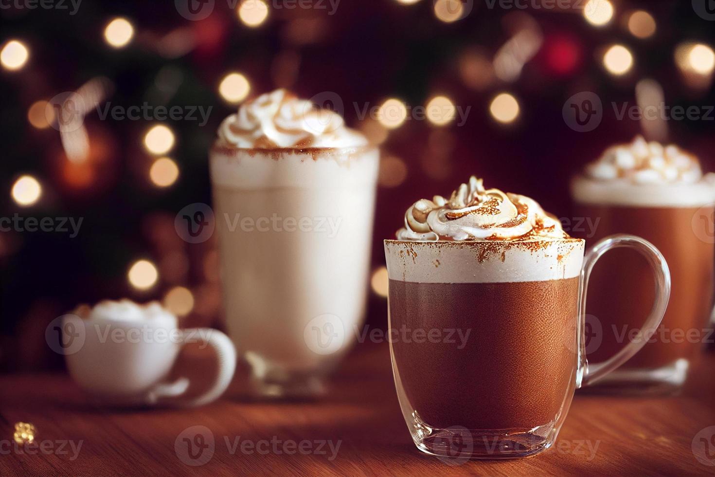 peperkoek latte in glas, geslagen room, kant visie, Kerstmis ornamenten, Kerstmis stemming, filmische verlichting, 3d veroorzaken. foto