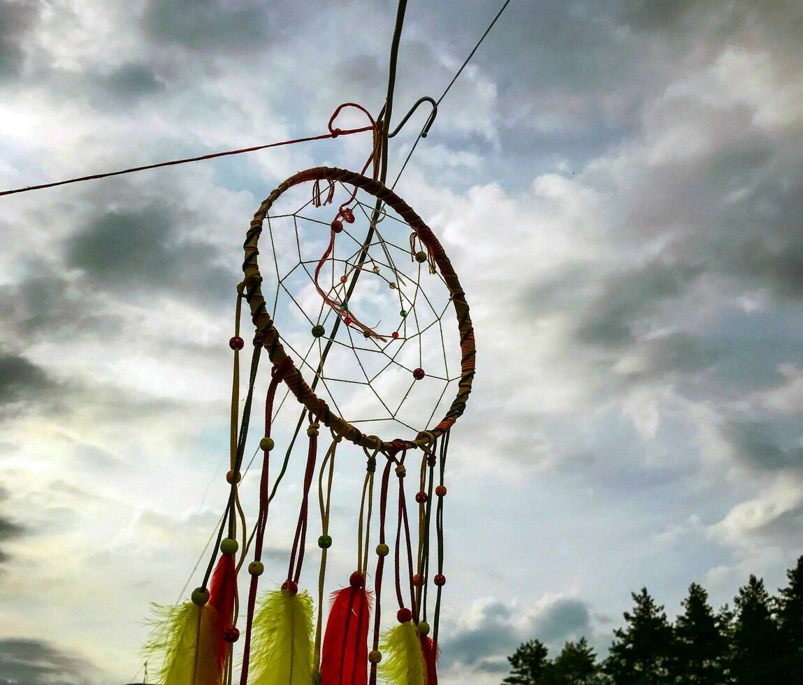 droom vanger. foto van een droom vanger tegen de achtergrond van de lucht en de Woud.