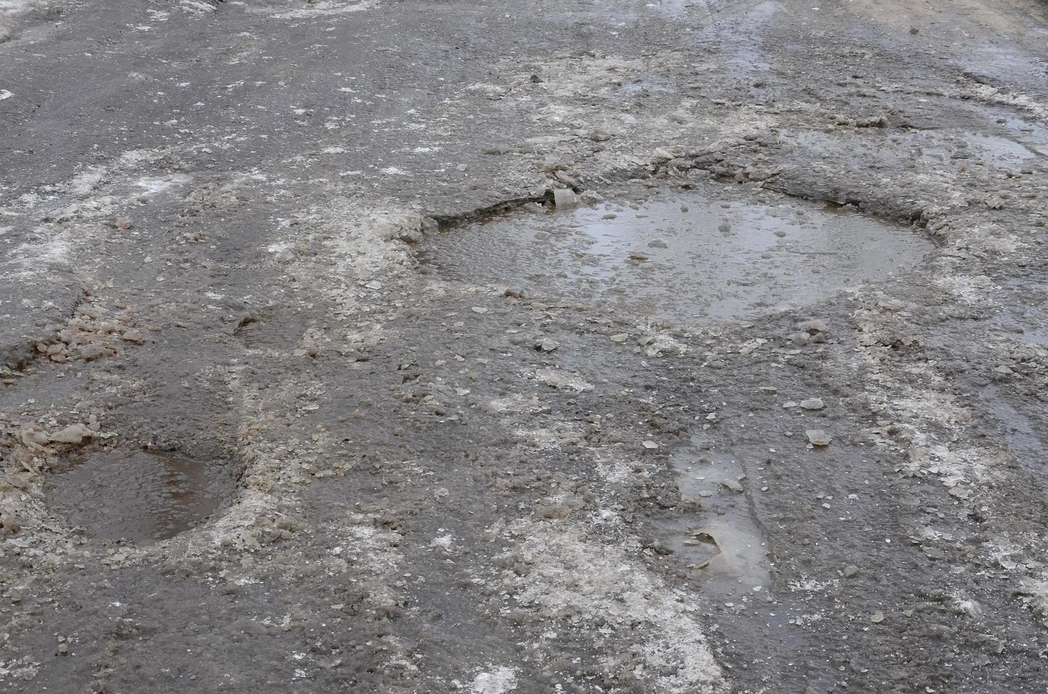 beschadigd asfalt weg met kuilen veroorzaakt door bevriezing en ontdooien cycli gedurende de winter. arm weg foto