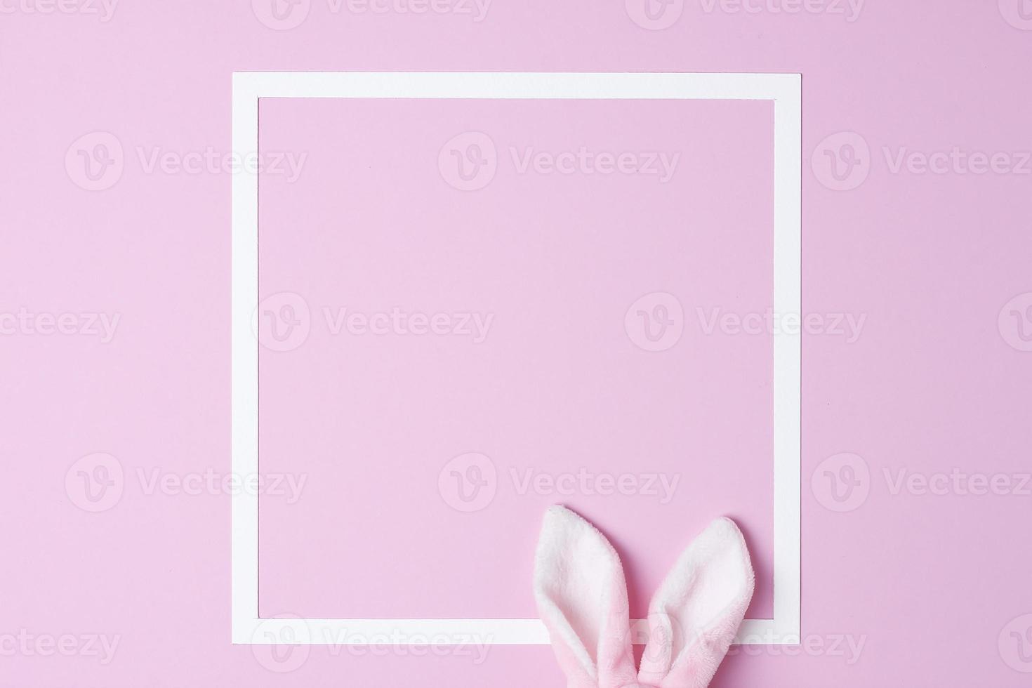 konijn oren met wit kader Aan roze achtergrond. vlak leggen, kopiëren ruimte foto