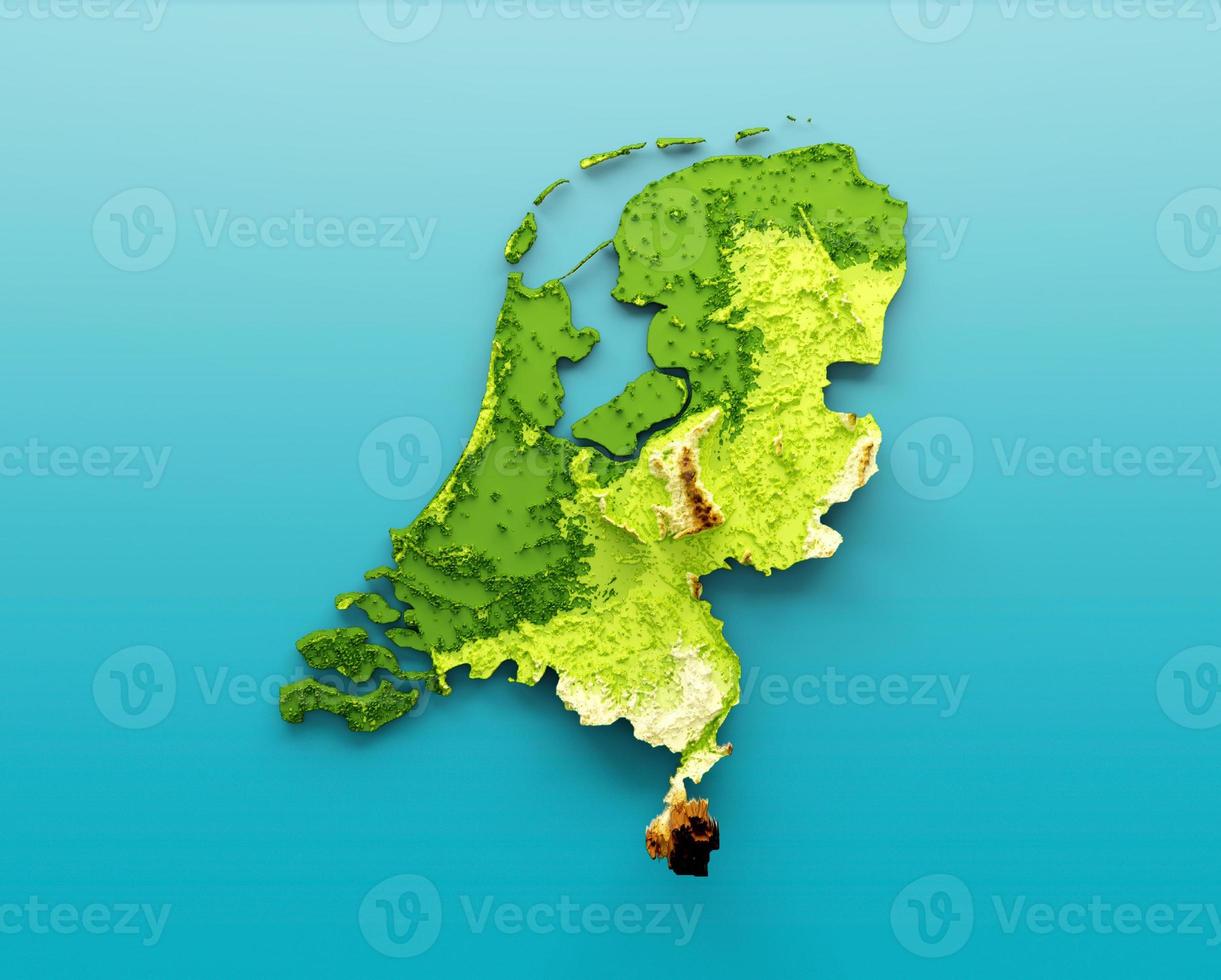 Nederland kaart schaduwrijk Verlichting kleur hoogte kaart Aan de zee blauw achtergrond 3d illustratie foto