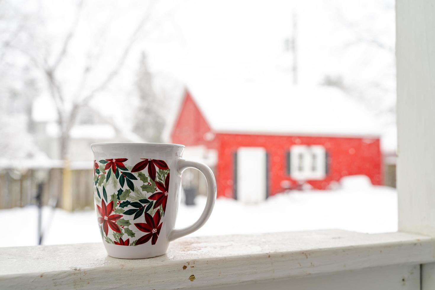 ontspannende en drinken koffie of thee, thee cups van koffie Aan een sneeuw dag, Aan balkon. ontspanning concept. wazig achtergrond van mooi . foto