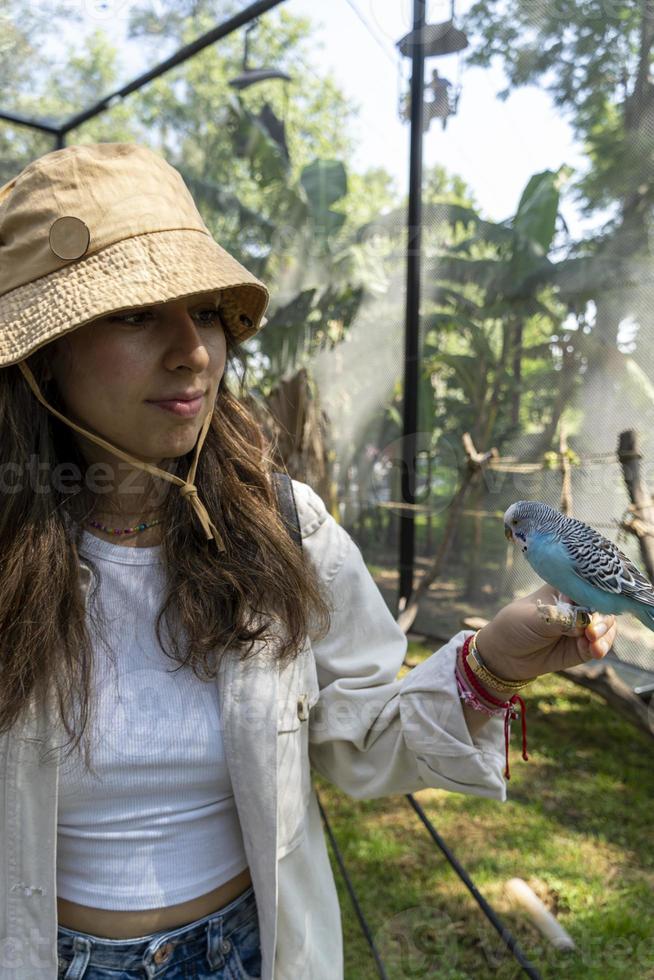 mooi jong vrouw voeden een vogel met een houten stok met zaden zit vast naar het, vogel stopt naar eten, kanarie, nimf, Mexico foto