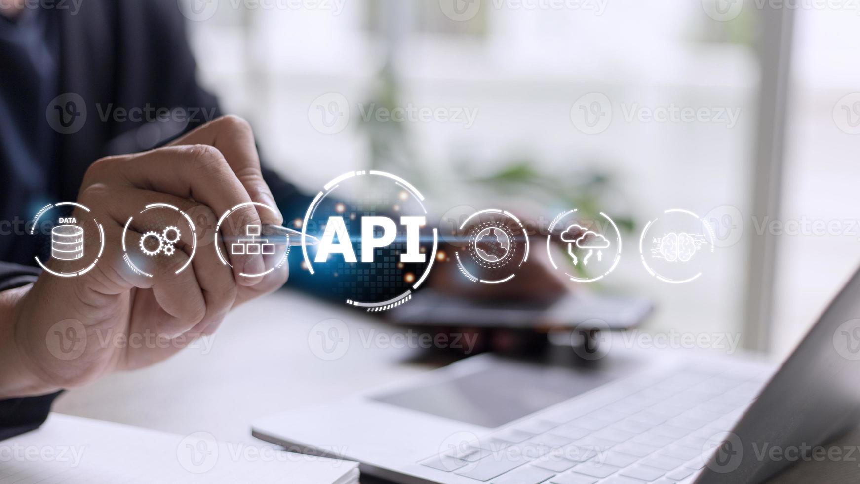 api - toepassing programmering koppel. software ontwikkeling hulpmiddel. bedrijf, modern technologie, internet en netwerken concept. foto