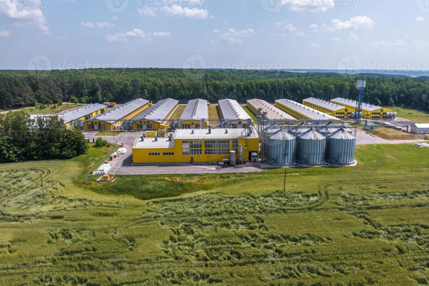 luchtfoto op silo's en agro-industrieel veecomplex op agroverwerkings- en productiefabriek met moderne graanschuurlift. kippenboerderij. rijen kippenhok foto