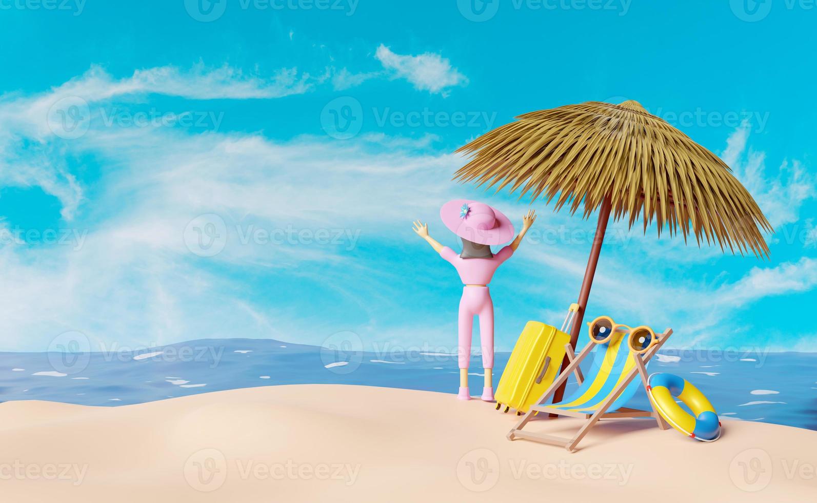 3d karakter tekenfilm staand vrouw Aan zomer strand en lucht met strand stoel, geel koffer, reddingsboei, parasol, zee landschap achtergrond of reizen concept, 3d geven illustratie foto