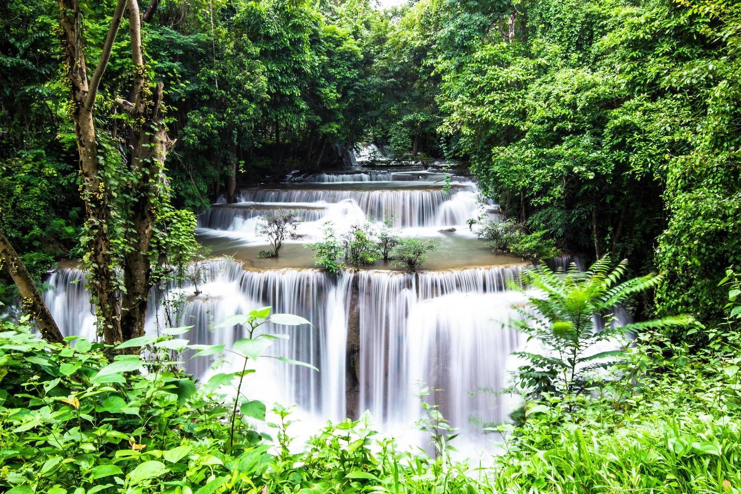 waterval in berg en groen boom met weinig water en foto