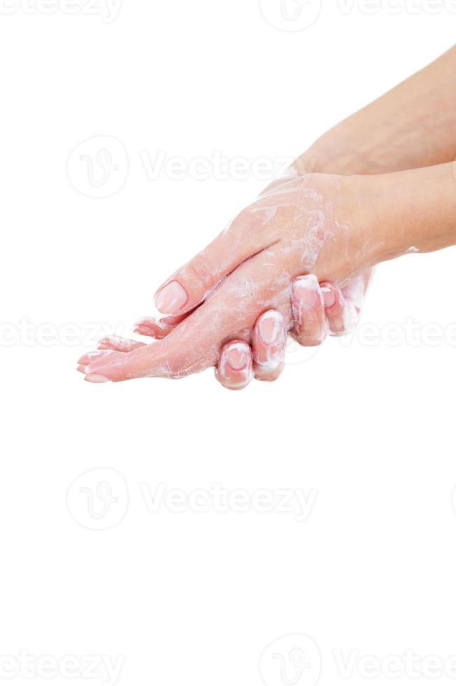 het wassen handen met zeep. detailopname van vrouw het wassen handen met zeep terwijl geïsoleerd Aan wit foto