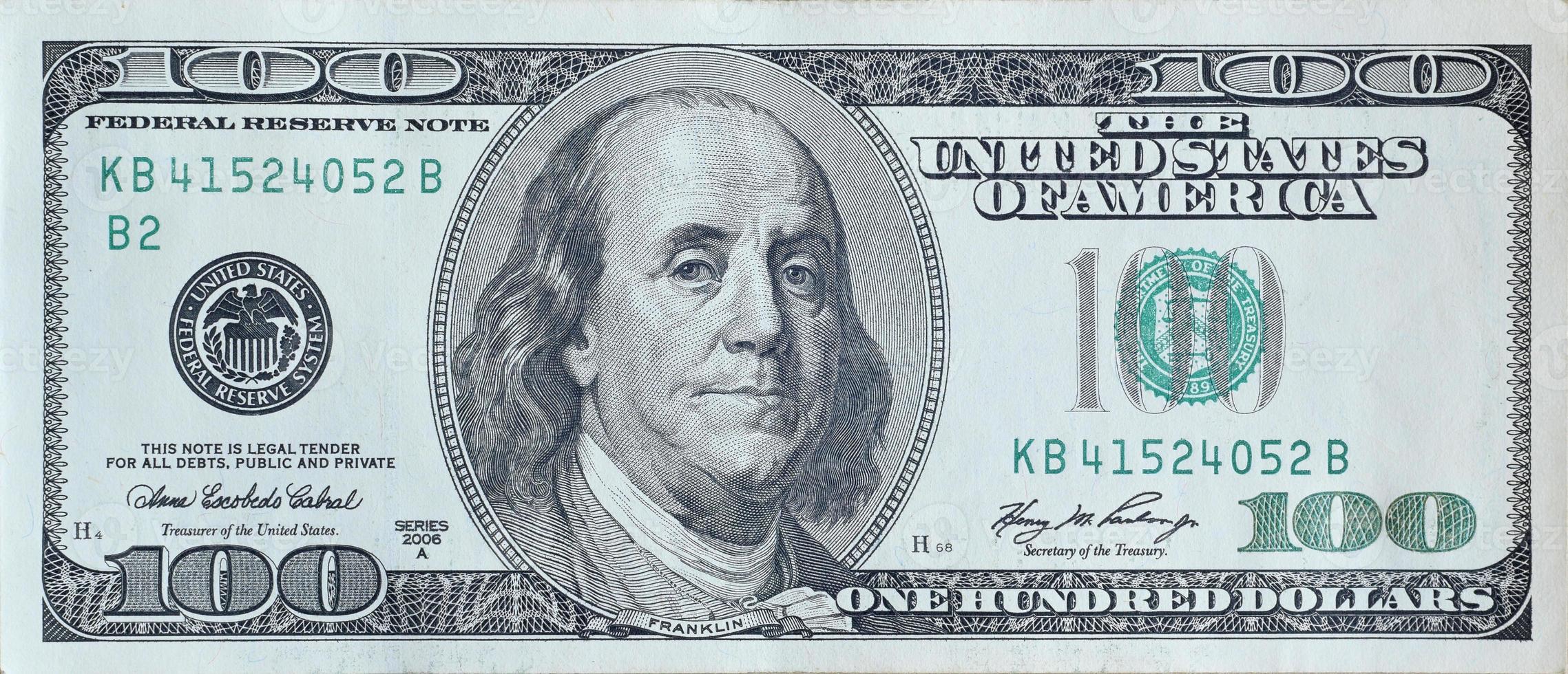 portret van ons president Benjamin Franklin Aan 100 dollars bankbiljet detailopname macro fragment. Verenigde staten honderd dollars geld Bill foto