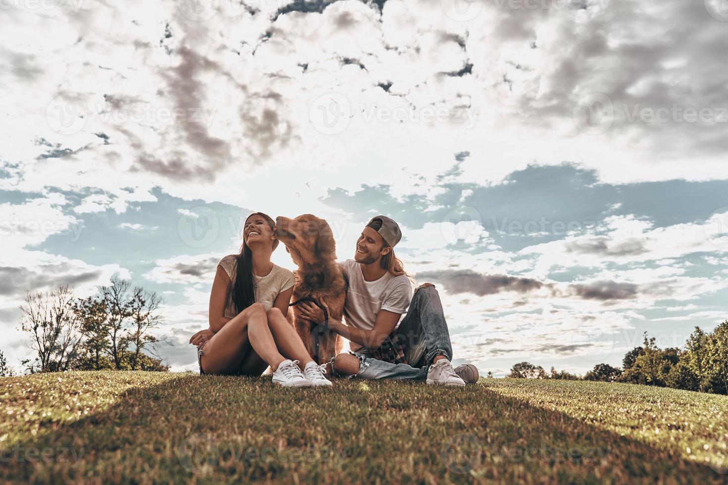 eenvoudig gelukkig. jong modern paar zittend Aan de gras met hun hond terwijl uitgeven vrij tijd in de park foto