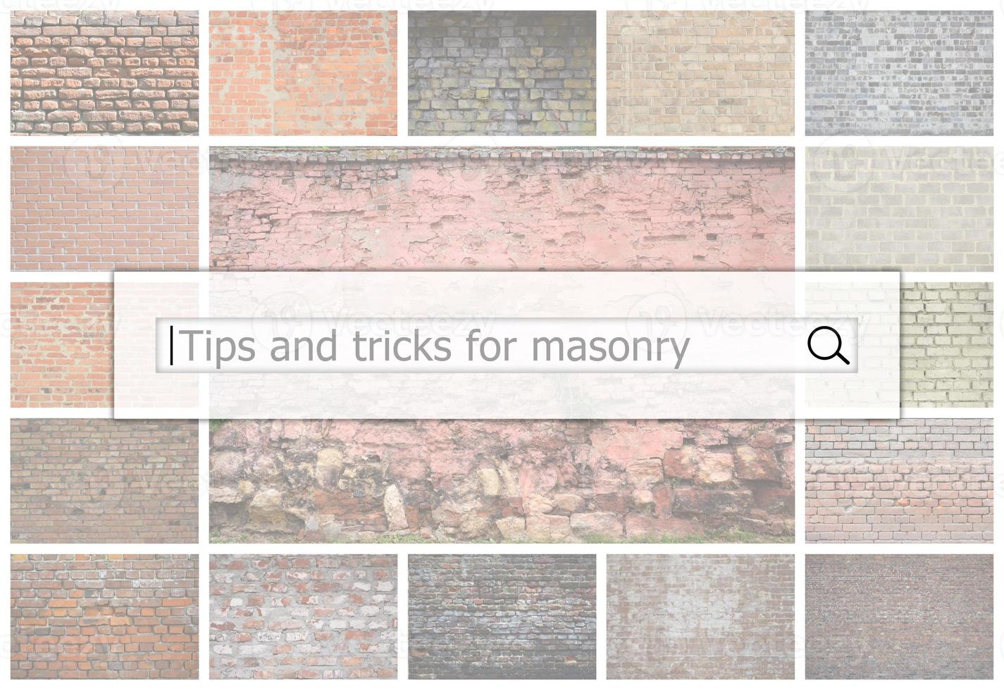 visualisatie van de zoeken bar Aan de achtergrond van een collage van veel afbeeldingen met fragmenten van steen muren van verschillend kleuren dichtbij omhoog. tips en trucs voor metselwerk foto