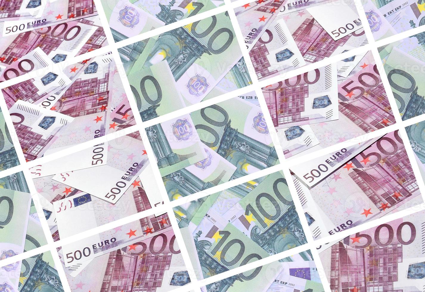 een collage van veel afbeeldingen van honderden van dollars en euro rekeningen aan het liegen in een stapel foto