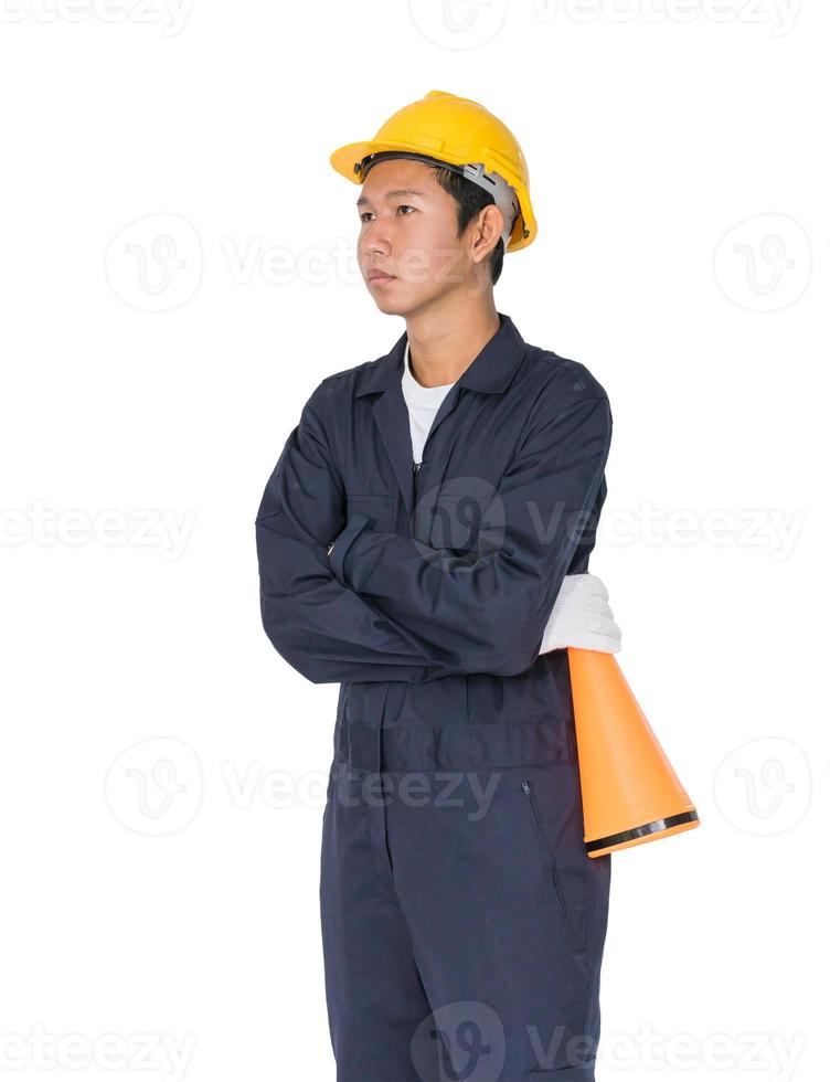 jong arbeider met geel helm Holding een megafoon foto