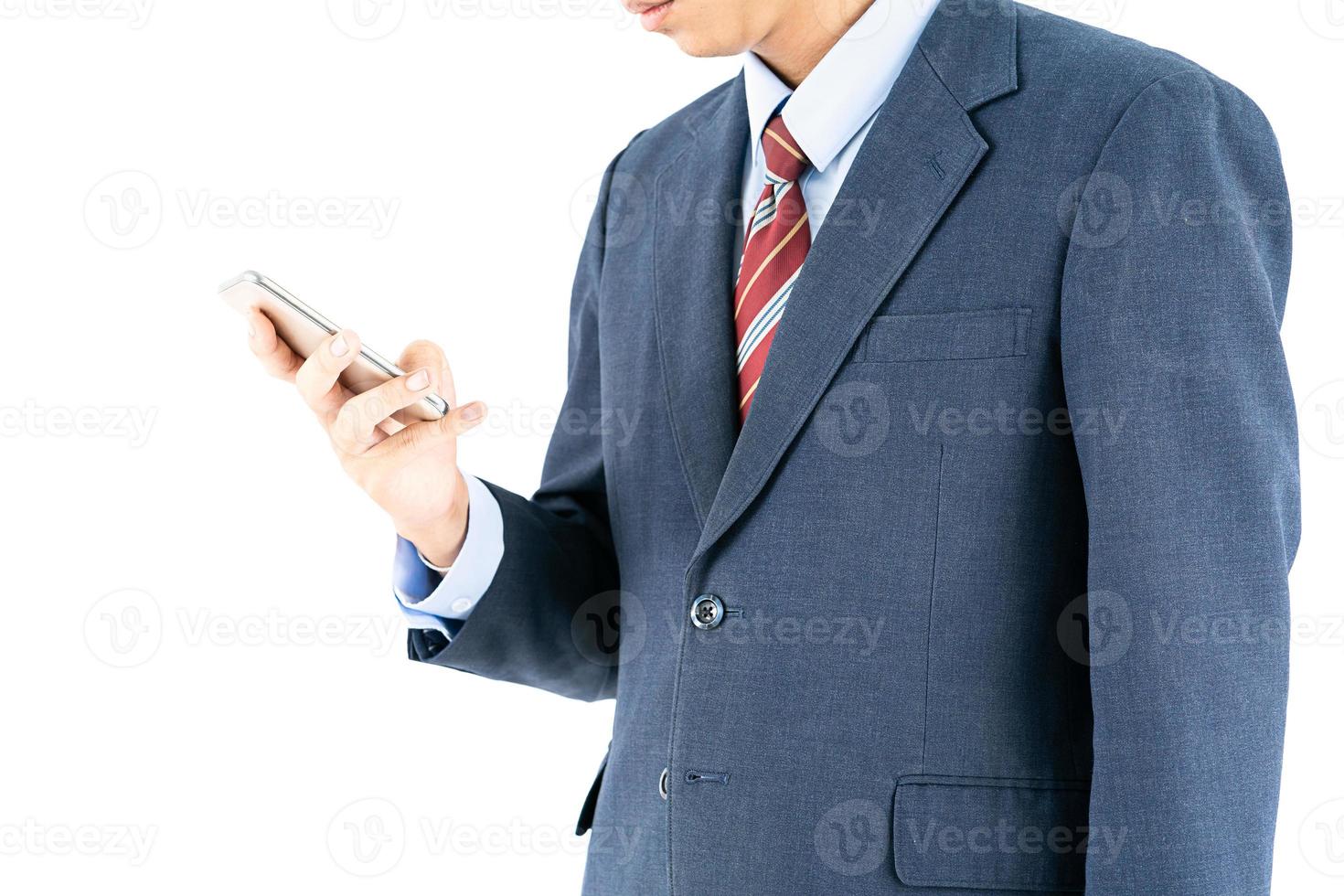 zakenman in pak Holding smartphone foto