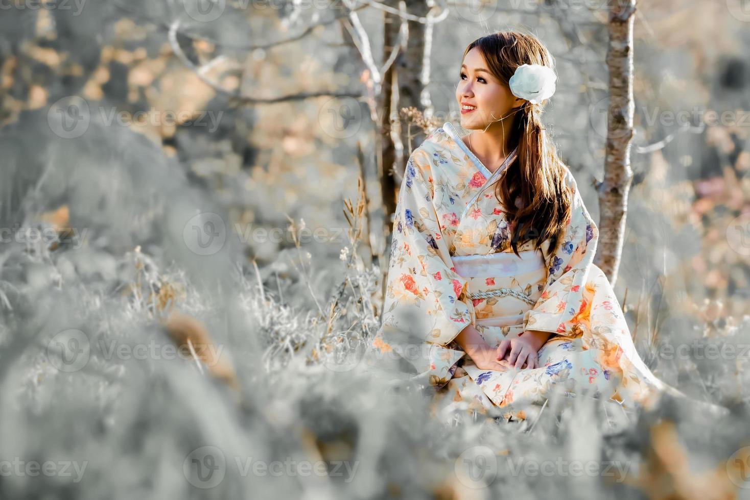 reizen , vakantie in Japan concept, jong Aziatisch vrouw vervelend traditioneel Japans kimono in de park in de ochtend. foto