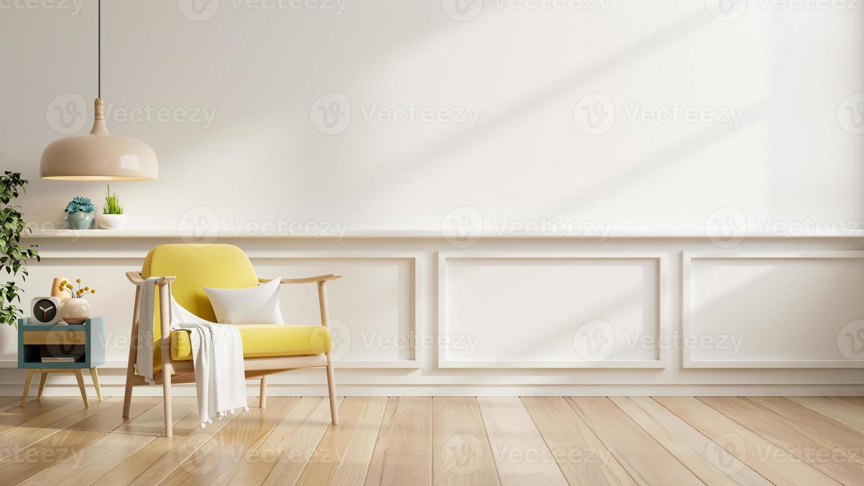 wit kleur muur bespotten omhoog in warm tonen met geel fauteuil en decoratie minimaal. 3d illustratie renderen foto