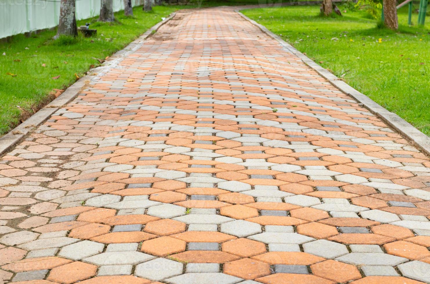 steen blok oud wandelen pad in de park foto