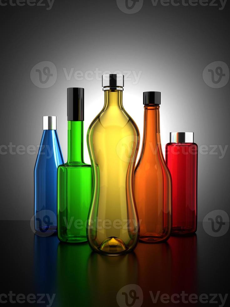kleurrijk glas flessen realistisch 3d illustratie Aan helling achtergrond foto
