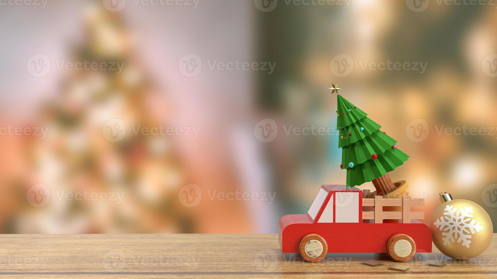 de Kerstmis boom in hout vrachtauto Aan hout tafel 3d renderen foto