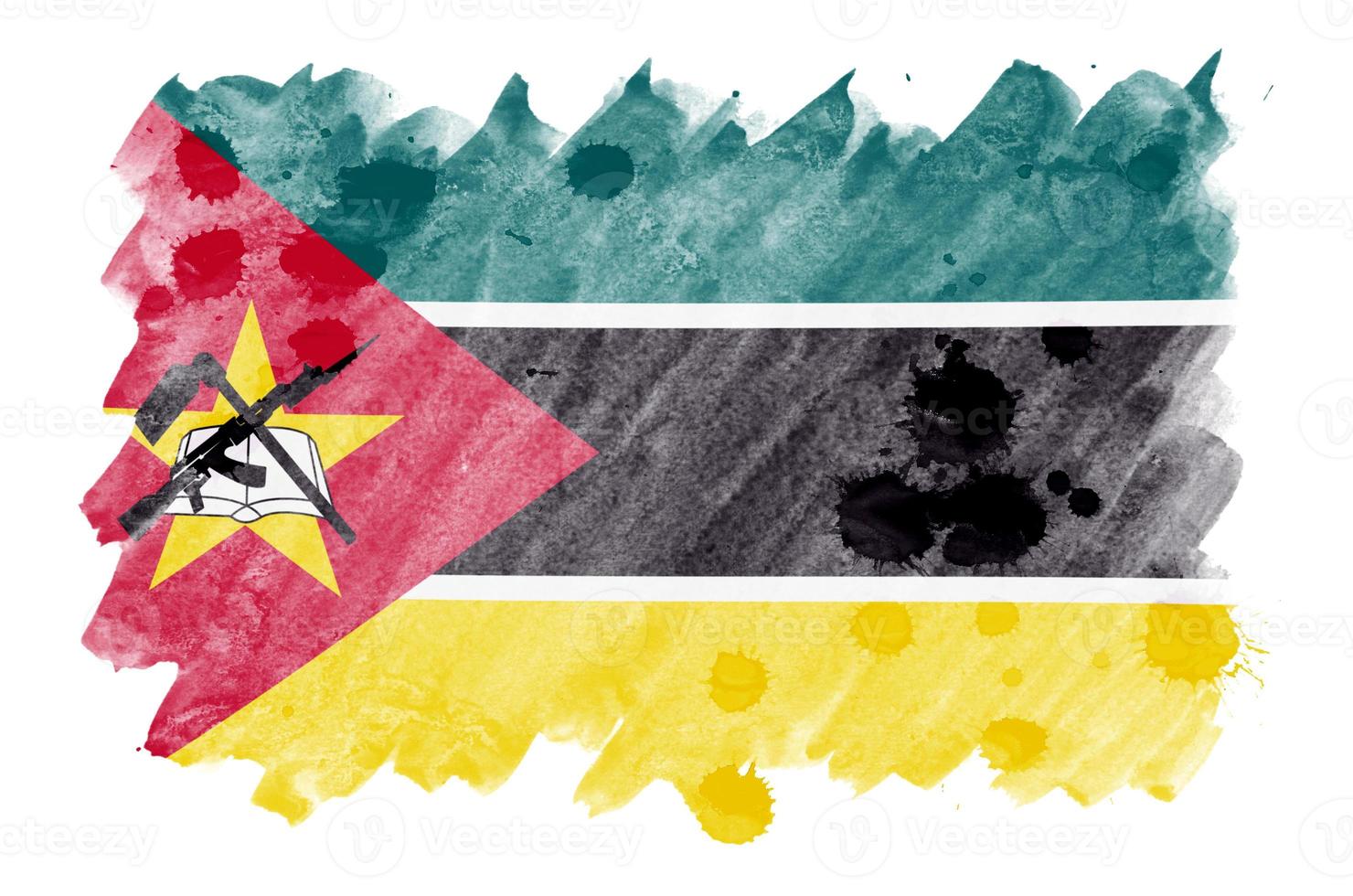 Mozambique vlag is afgebeeld in vloeistof waterverf stijl geïsoleerd Aan wit achtergrond foto