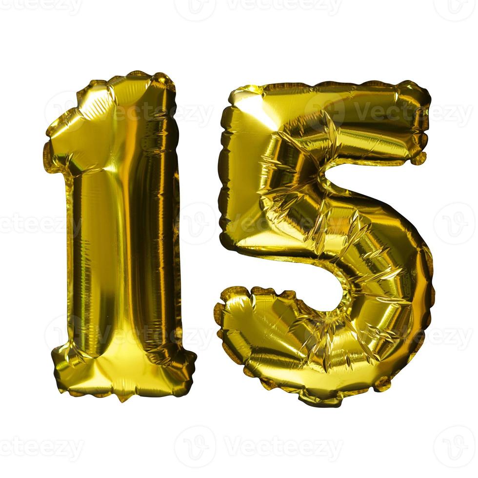 15 gouden aantal helium ballonnen geïsoleerd achtergrond. realistisch folie en latex ballonnen. ontwerp elementen voor partij, evenement, verjaardag, verjaardag en bruiloft. foto