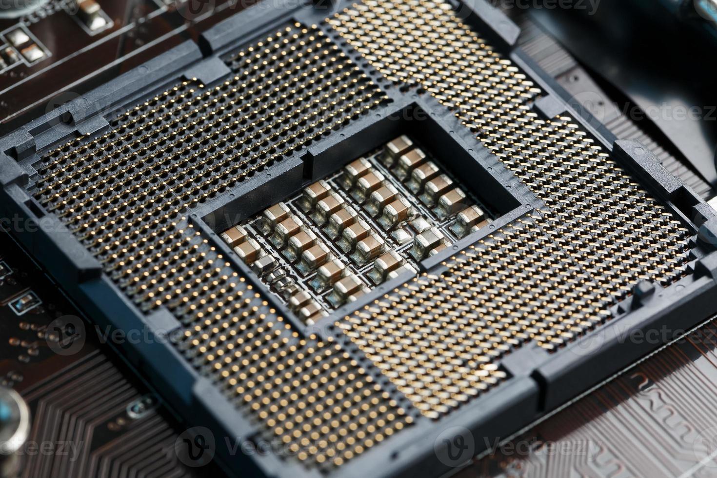 macro CPU socket.cpu stopcontact de hoofd componenten van een computer. foto