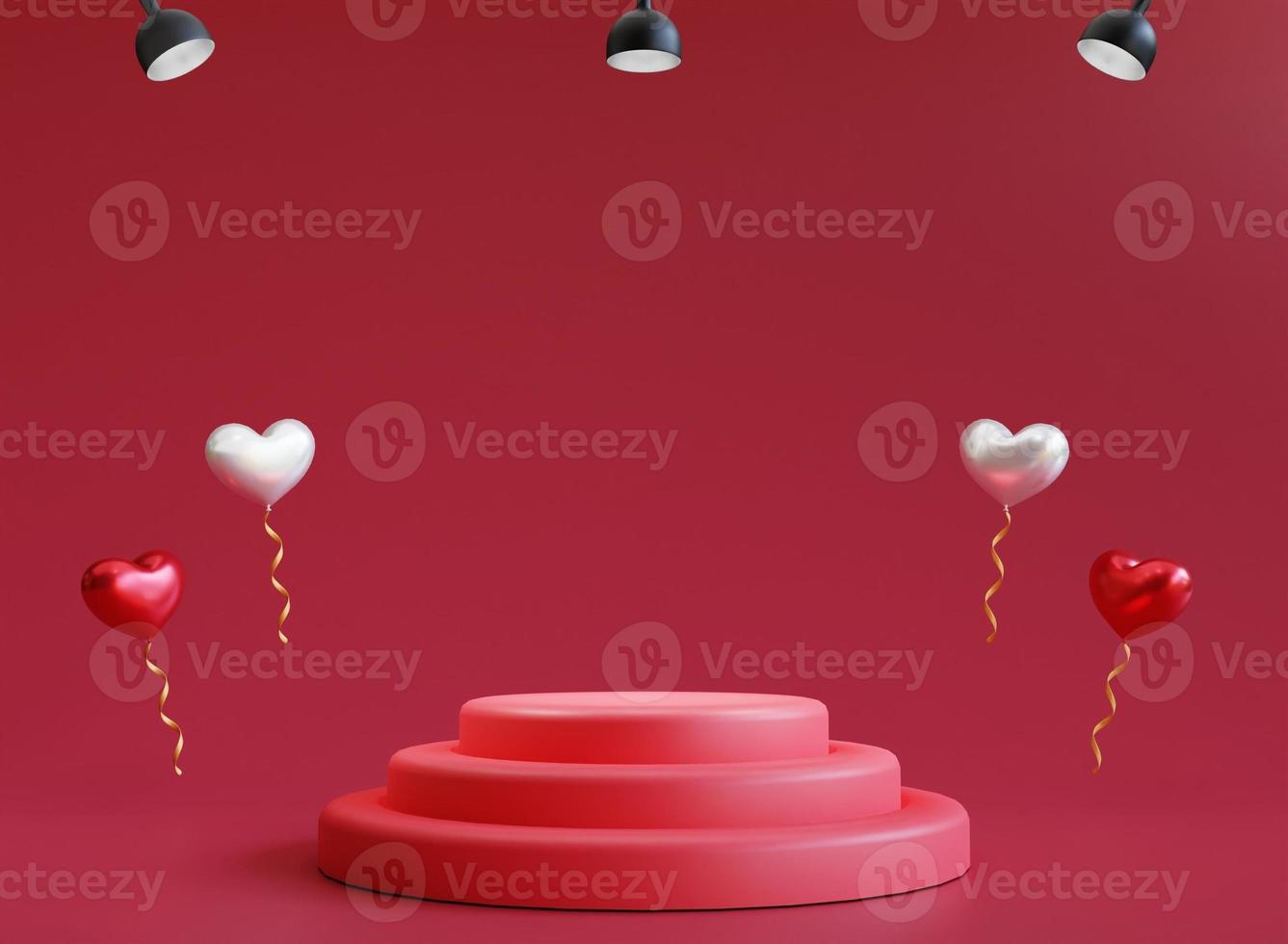 3d geven rood Valentijnsdag podium met liefde ballon en licht foto