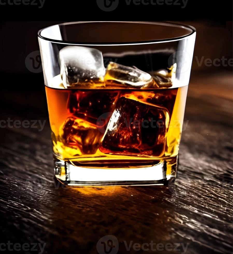 whisky Aan Doorzichtig glas en fles ook in blokjes gesneden ijs alcohol tekening. afbeelding en beeld drank illustratie voor achtergrond foto