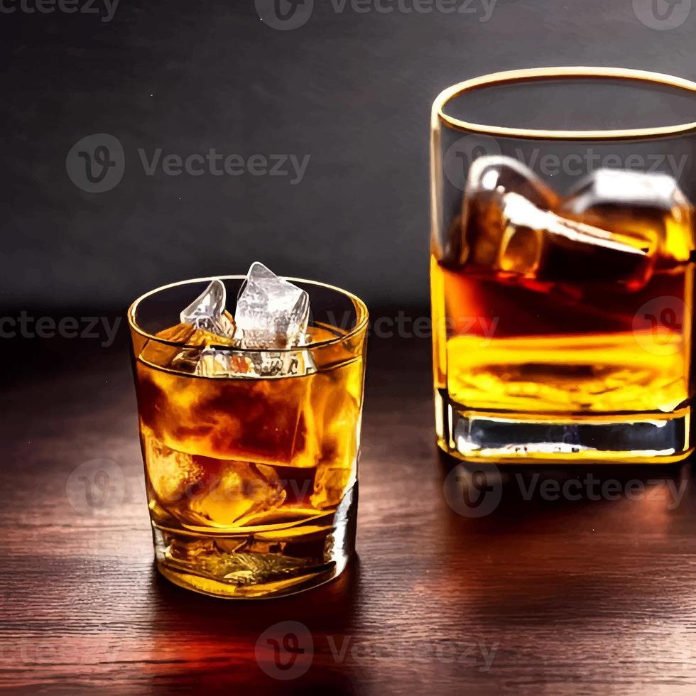 whisky Aan Doorzichtig glas en fles ook in blokjes gesneden ijs alcohol tekening. afbeelding en beeld drank illustratie voor achtergrond foto